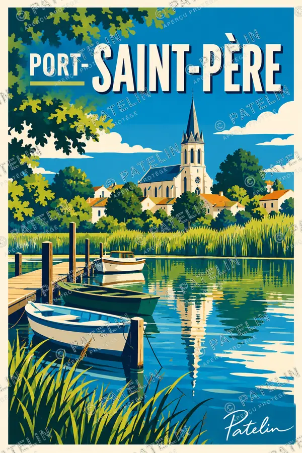 Illustration Port-Saint-Père — Le clocher et la barque sur l’Acheneau, style Pop
