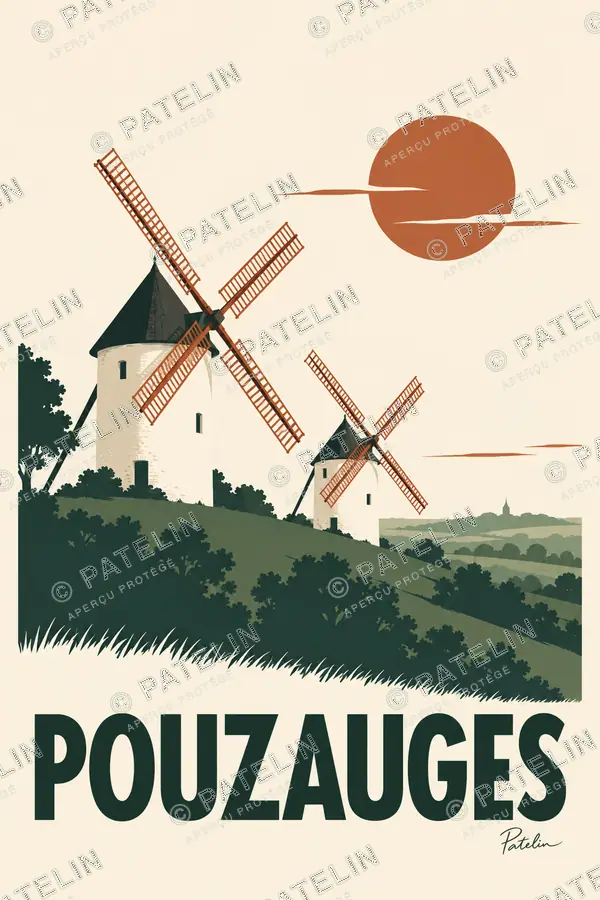Illustration Pouzauges — Les moulins au couchant, style Minimal