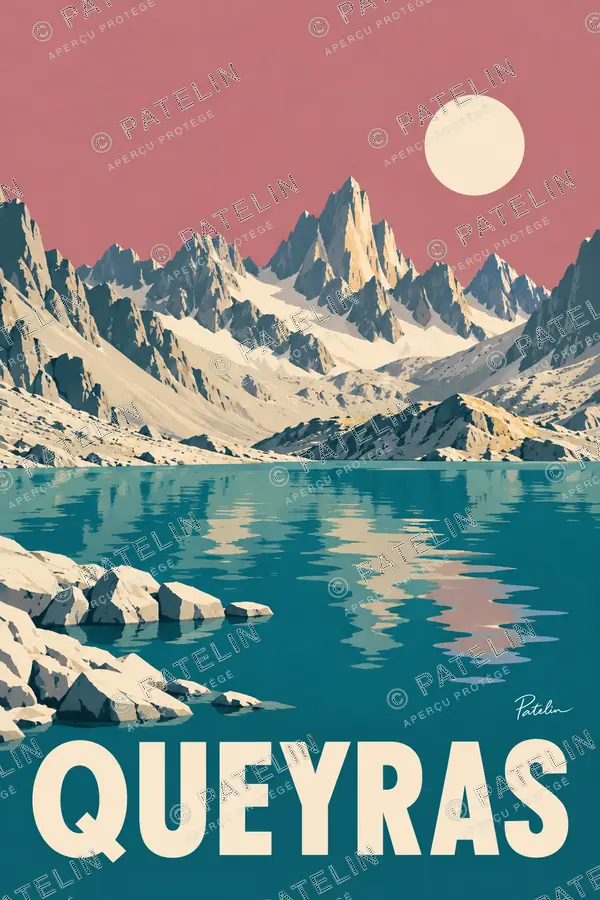 Illustration Queyras — Le lac au pied des sommets, style Minimal