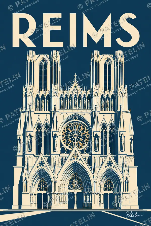 Illustration Reims — La cathédrale en lignes pures, style Minimal