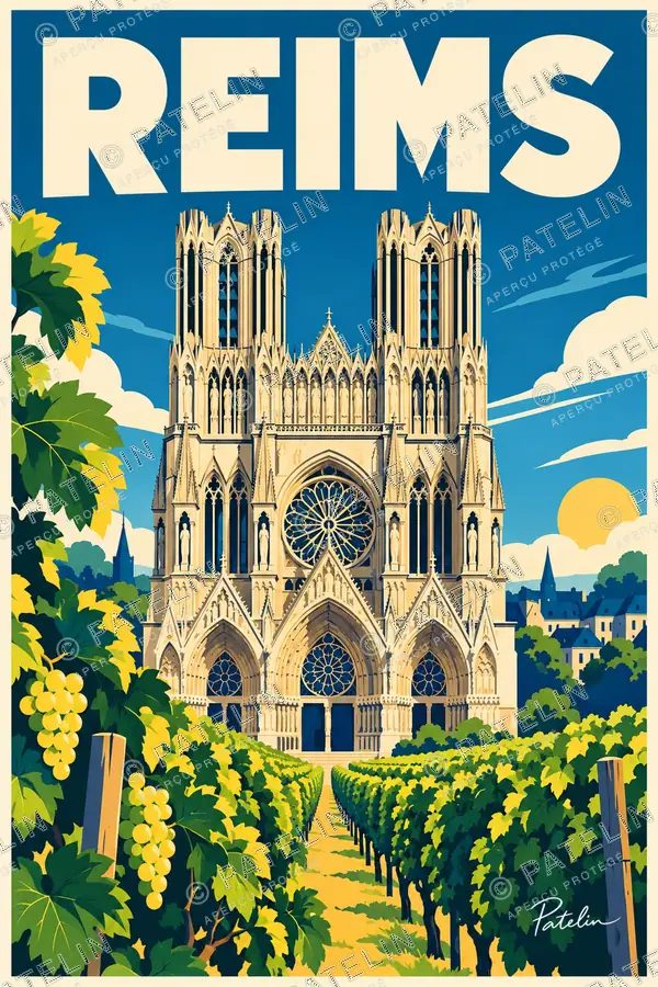 Reims — La cathédrale au-dessus des vignes, illustration Pop