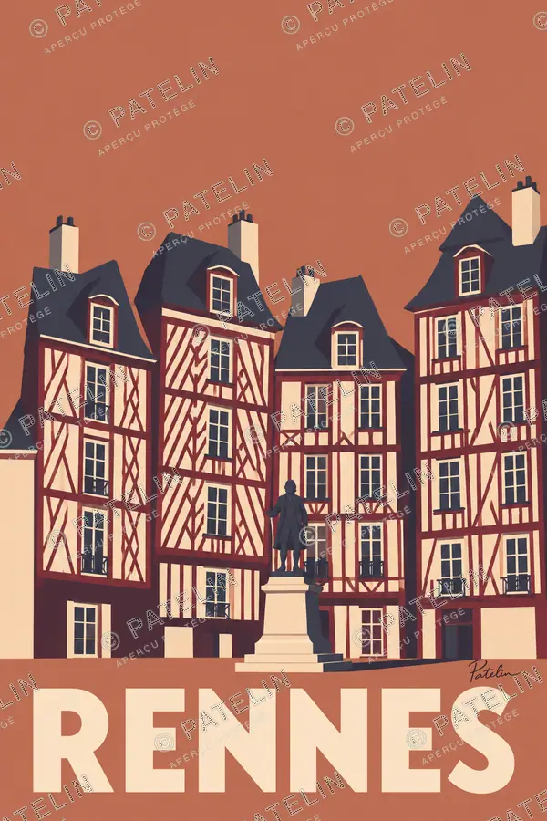 Illustration Rennes — Les façades et la place, style Minimal