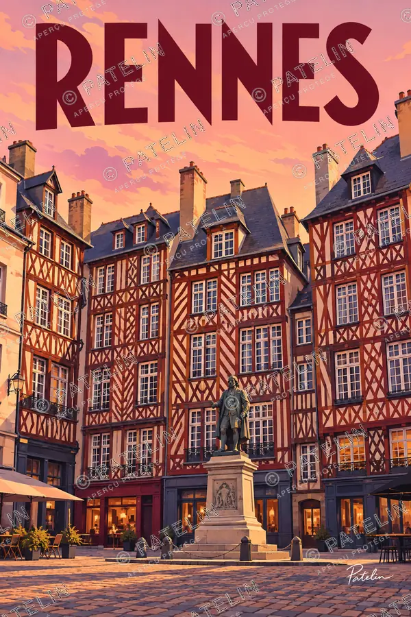 Illustration Rennes — La place et les maisons à pans de bois, style Pop