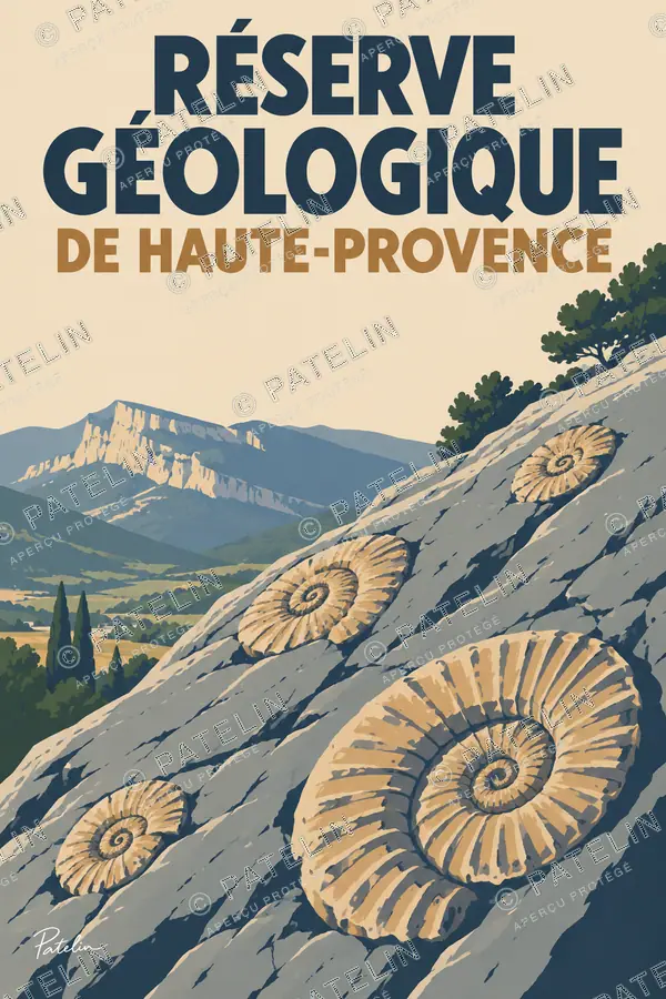 Illustration Réserve géologique de Haute-Provence — Les ammonites et les montagnes, style Minimal