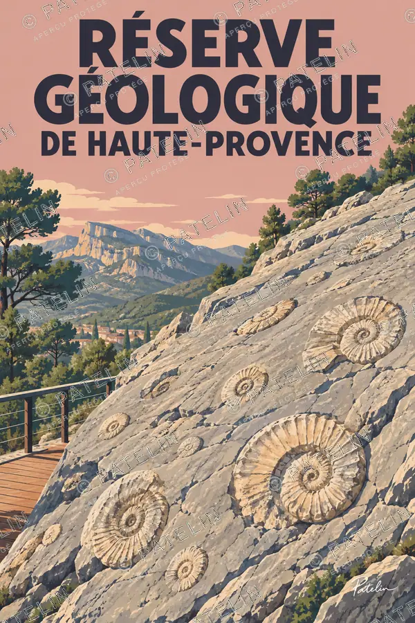 Illustration Réserve géologique de Haute-Provence — La dalle aux ammonites, style Pop