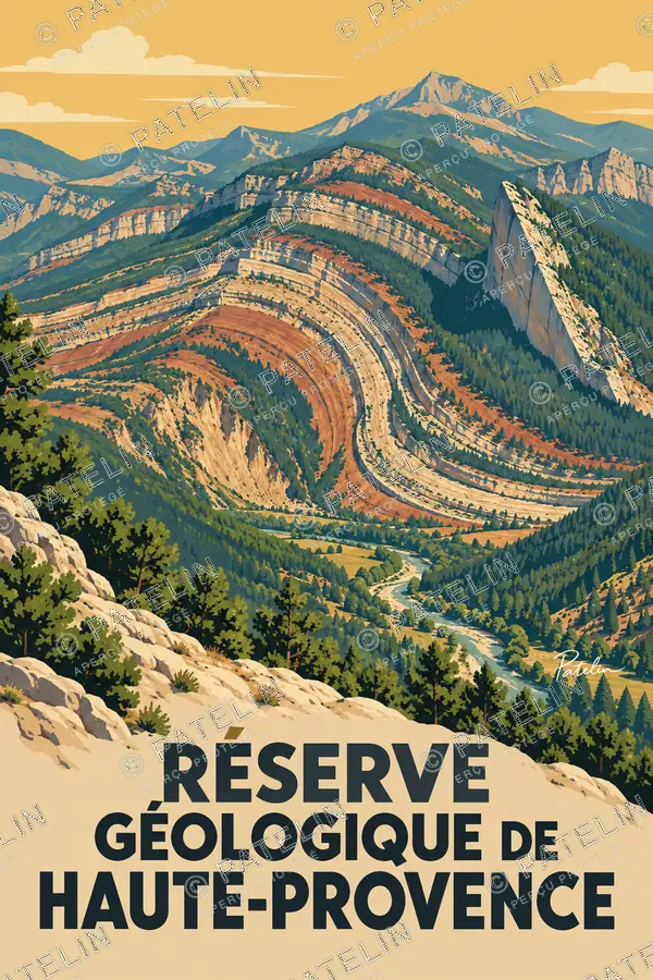 Illustration Réserve géologique de Haute-Provence — Les reliefs en strates, style Pop