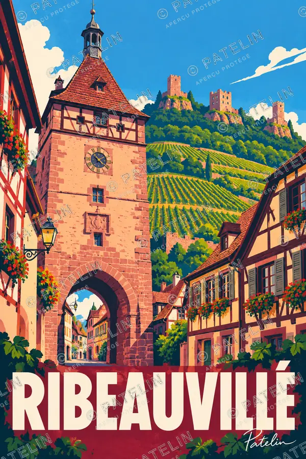 Illustration Ribeauvillé — La tour entre les colombages, style Pop
