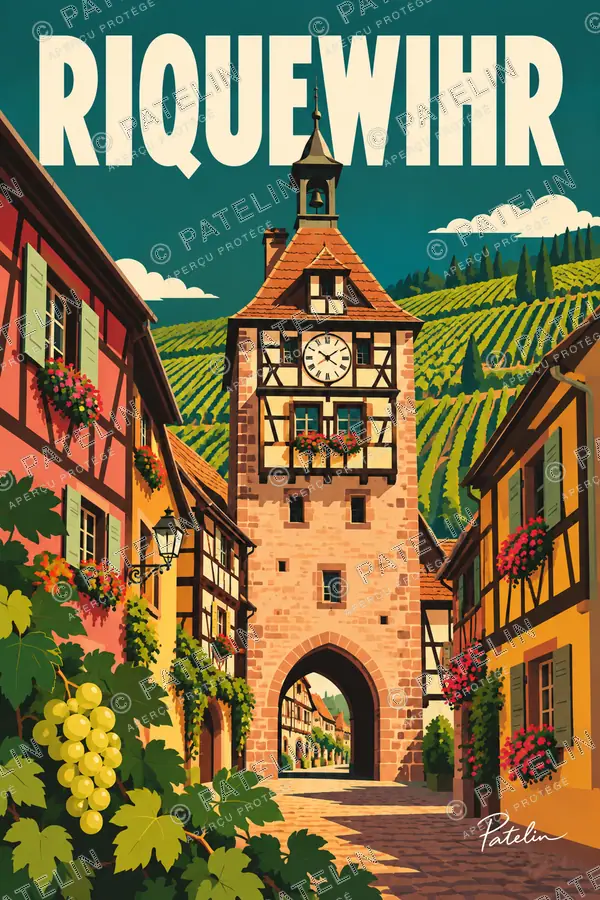 Illustration Riquewihr — La porte entre les maisons, style Pop