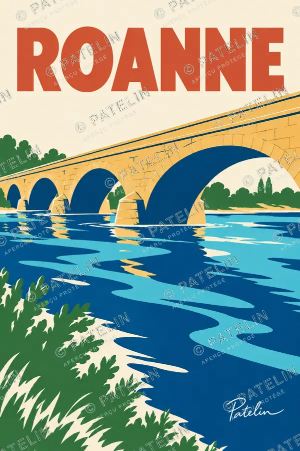 Illustration Roanne — Le pont et la Loire, style Pop