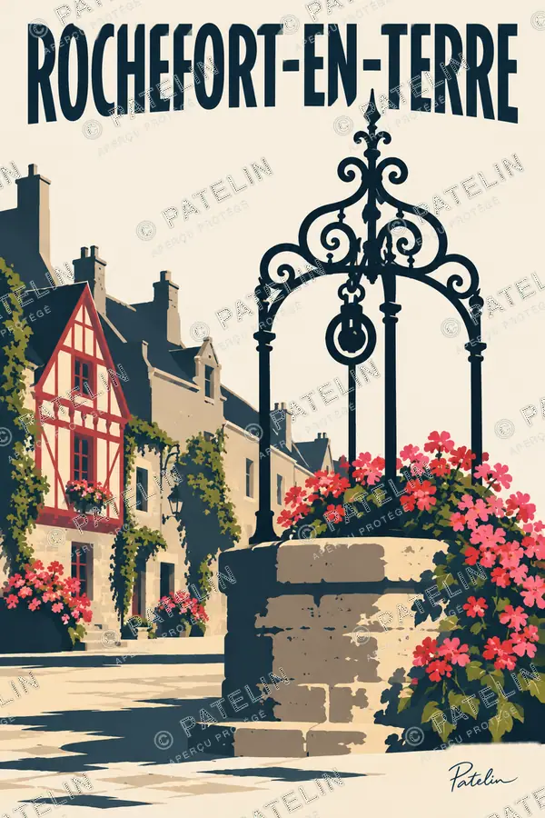 Illustration Rochefort-en-Terre — Le puits sur la place, style Minimal