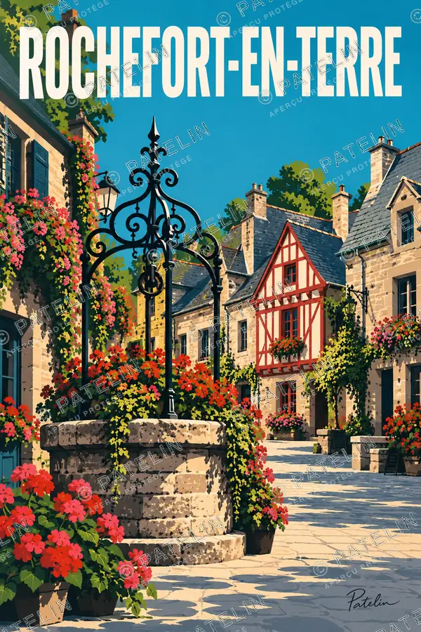 Rochefort-en-Terre — Le puits et les maisons fleuries, illustration Pop