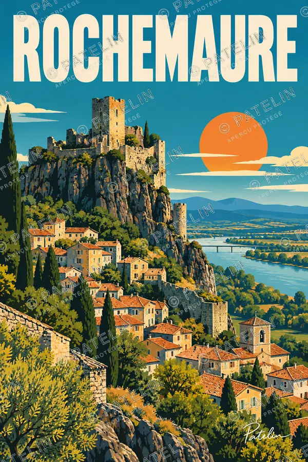 Illustration Rochemaure — Le château et le Rhône, style Pop