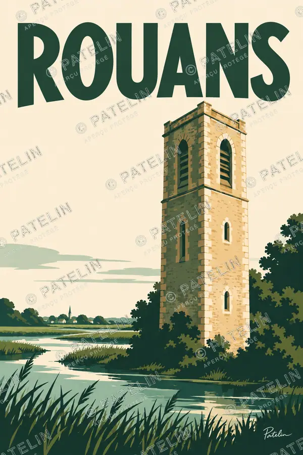 Illustration Rouans — La tour au bord de l’eau, style Minimal