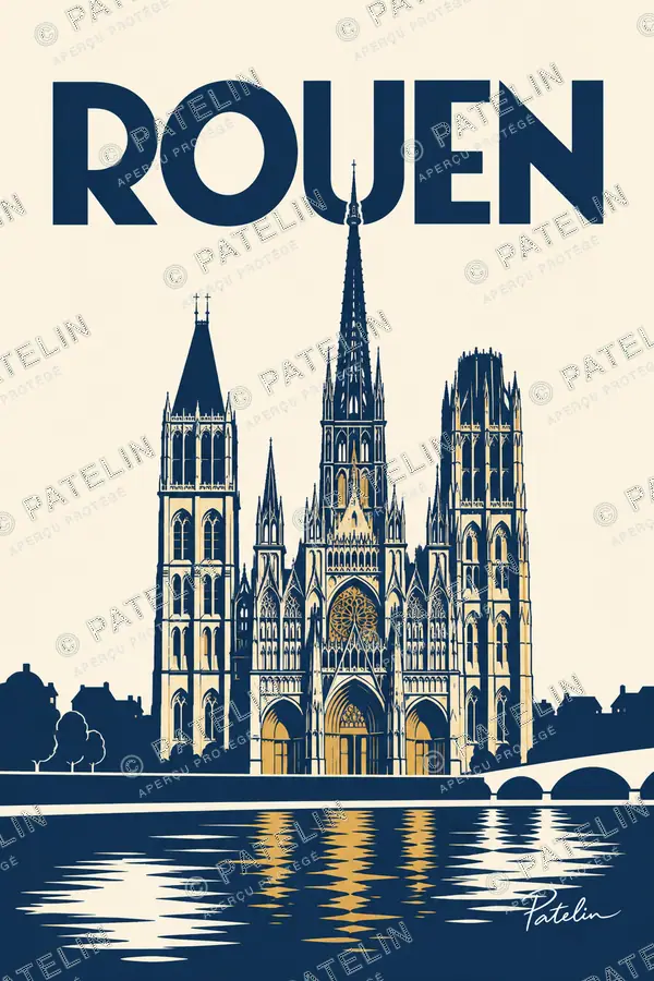 Illustration Rouen — La cathédrale de Rouen et ses reflets, style Minimal