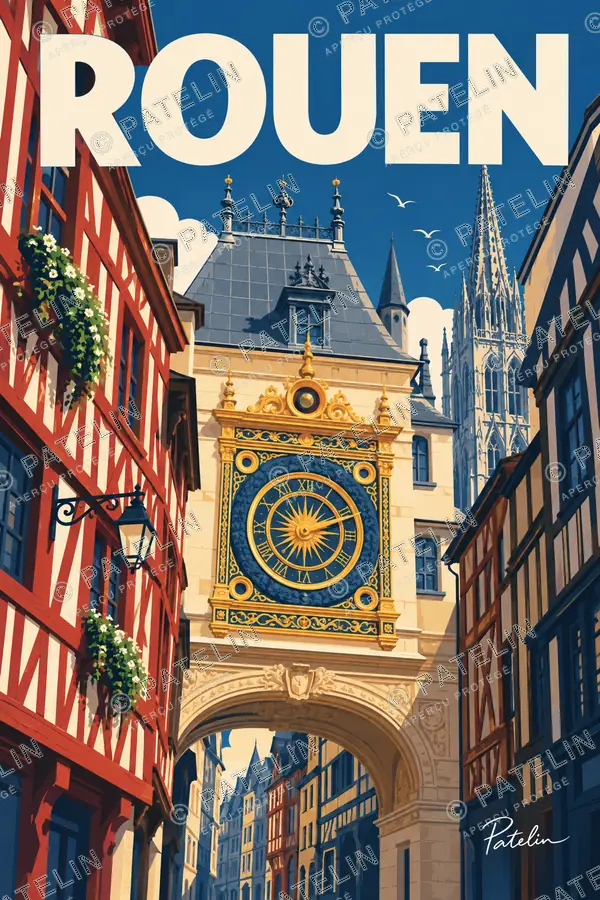 Illustration Rouen — Le Gros-Horloge et la rue, style Pop