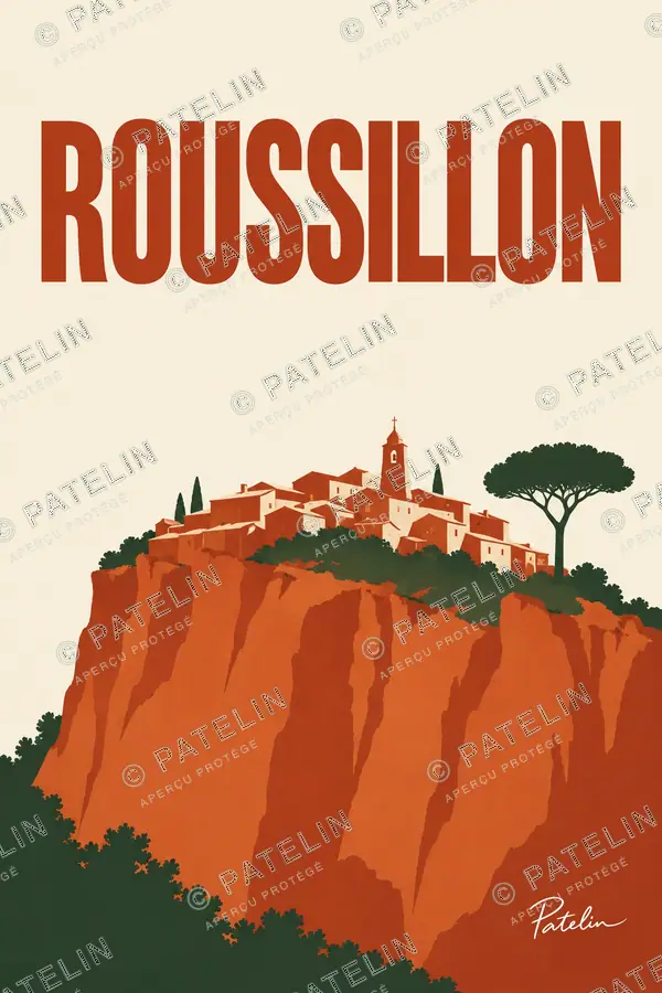 Illustration Roussillon — Le village sur la falaise, style Minimal