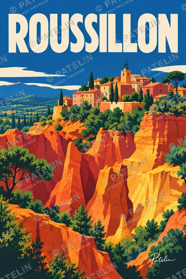 Illustration Roussillon — Le village et les falaises d’ocre, style Pop
