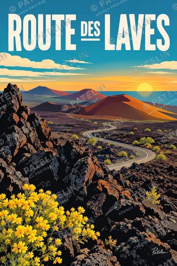 Illustration Route des Laves — La route et les coulées volcaniques, style Minimal