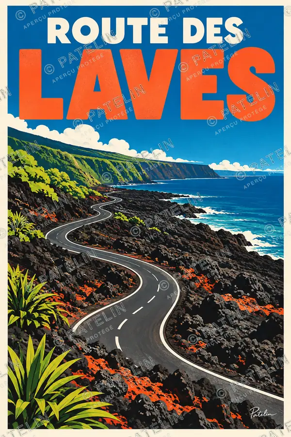 Illustration Route des Laves — La route et les coulées volcaniques, style Pop