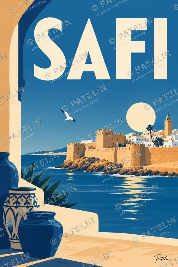 Illustration Safi — L’arche et les remparts face à l’océan, style Minimal