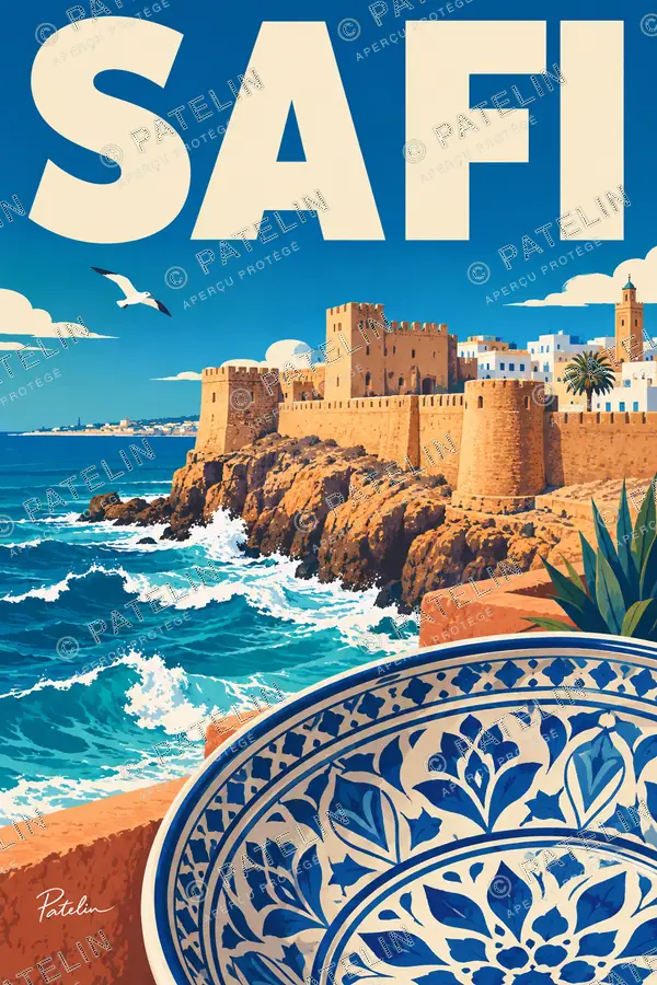 Illustration Safi — Les poteries et les remparts sur l’océan, style Pop