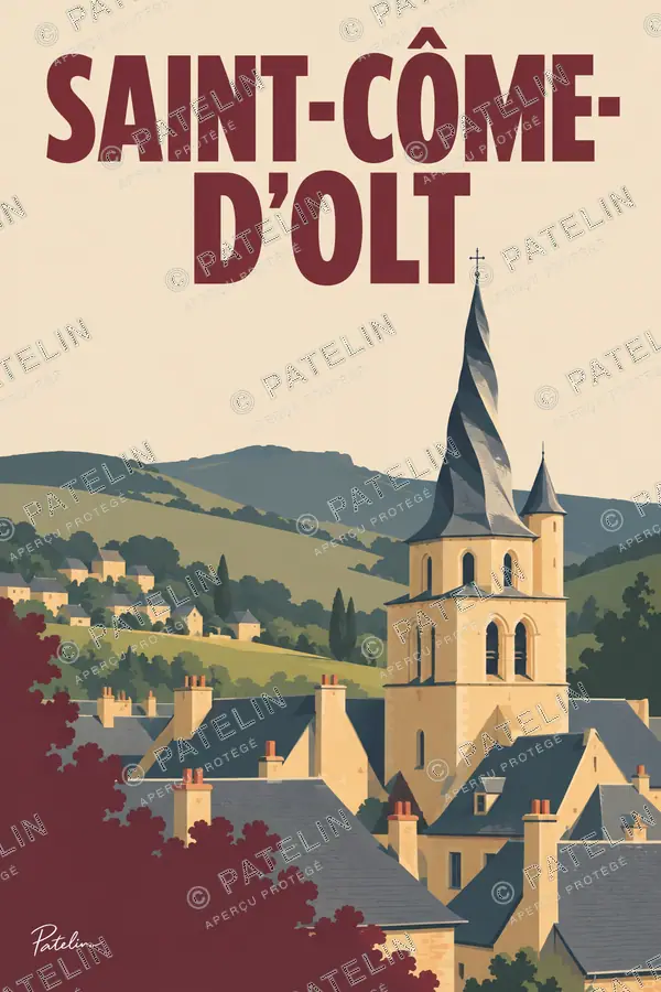 Illustration Saint-Côme-d'Olt — Le village et son clocher tors, style Minimal