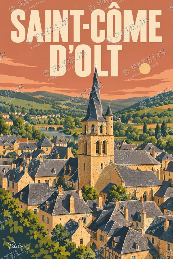 Illustration Saint-Côme-d'Olt — Le clocher tors au-dessus des toits, style Pop