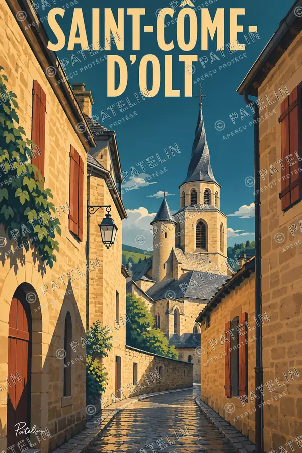 Illustration Saint-Côme-d'Olt — La ruelle de pierre et le clocher, style Pop