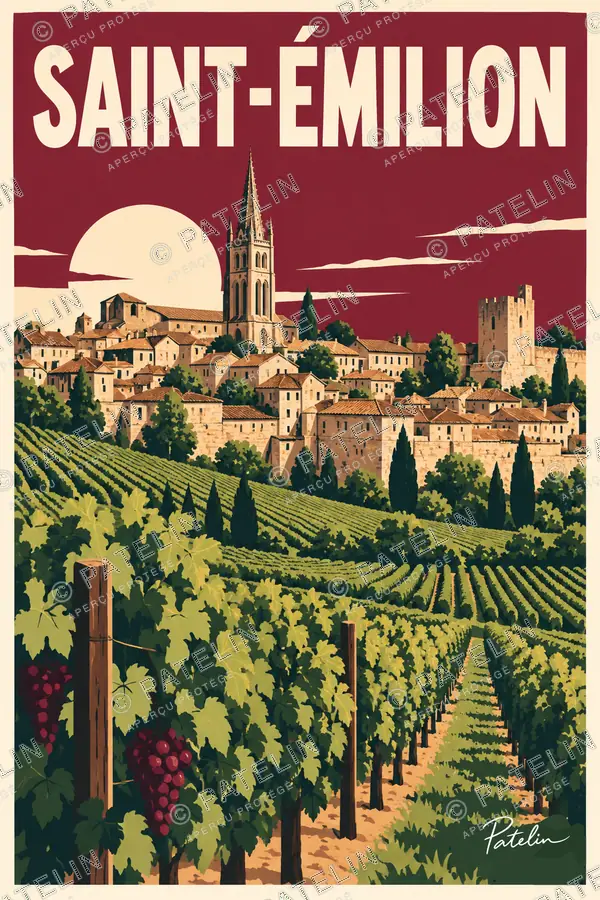 Illustration Saint-Émilion — Le village et les vignes, style Pop