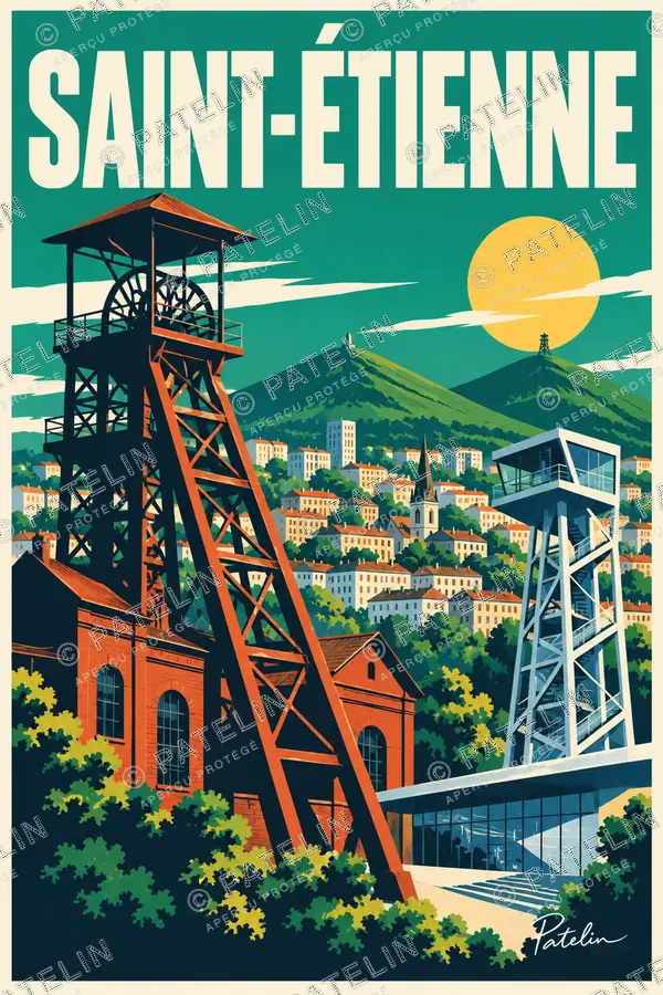 Illustration Saint-Étienne — La mine et la ville, style Pop