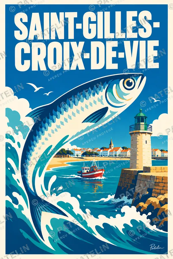 Illustration Saint-Gilles-Croix-de-Vie — La sardine et le port, style Pop