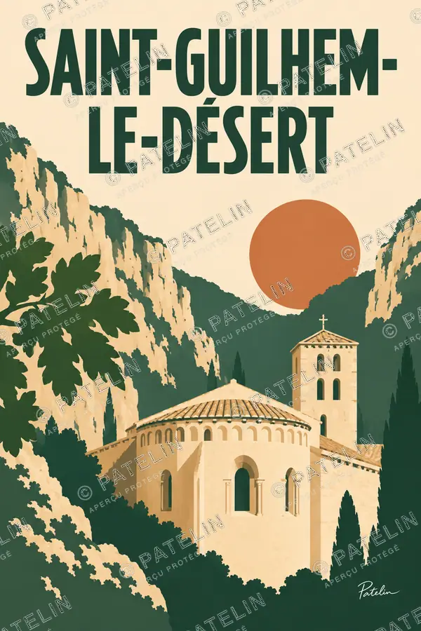 Illustration Saint-Guilhem-le-Désert — L’abbaye dans les falaises, style Minimal