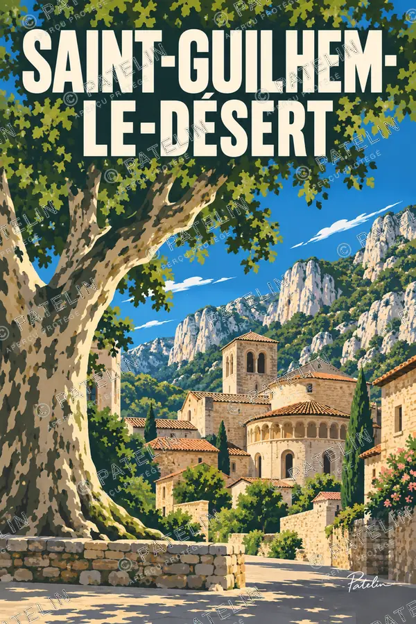 Illustration Saint-Guilhem-le-Désert — La place et l’abbaye, style Pop