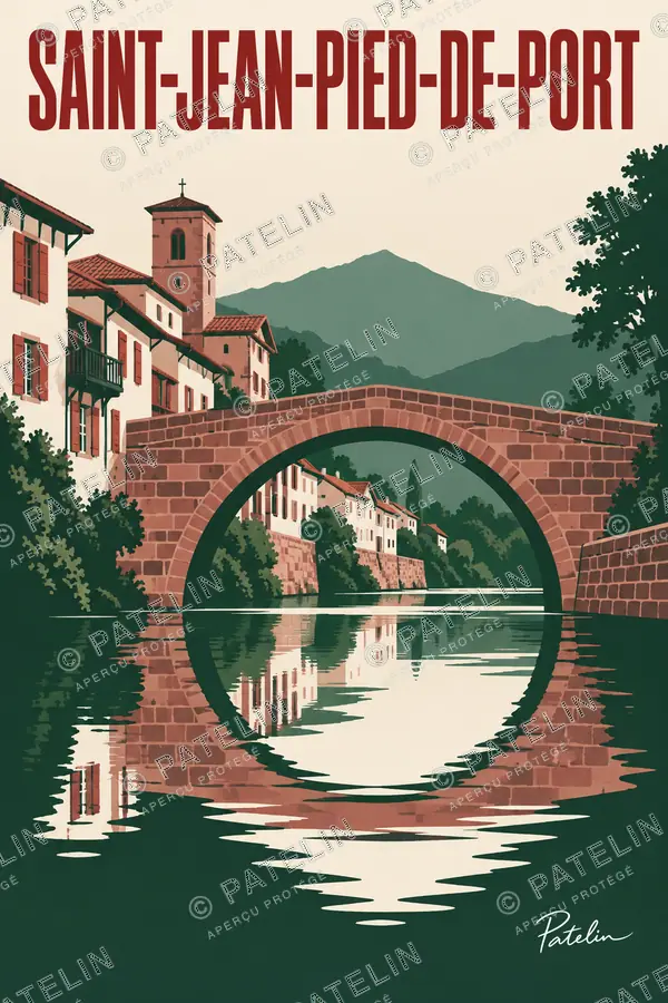 Illustration Saint-Jean-Pied-de-Port — Le pont et ses reflets, style Minimal