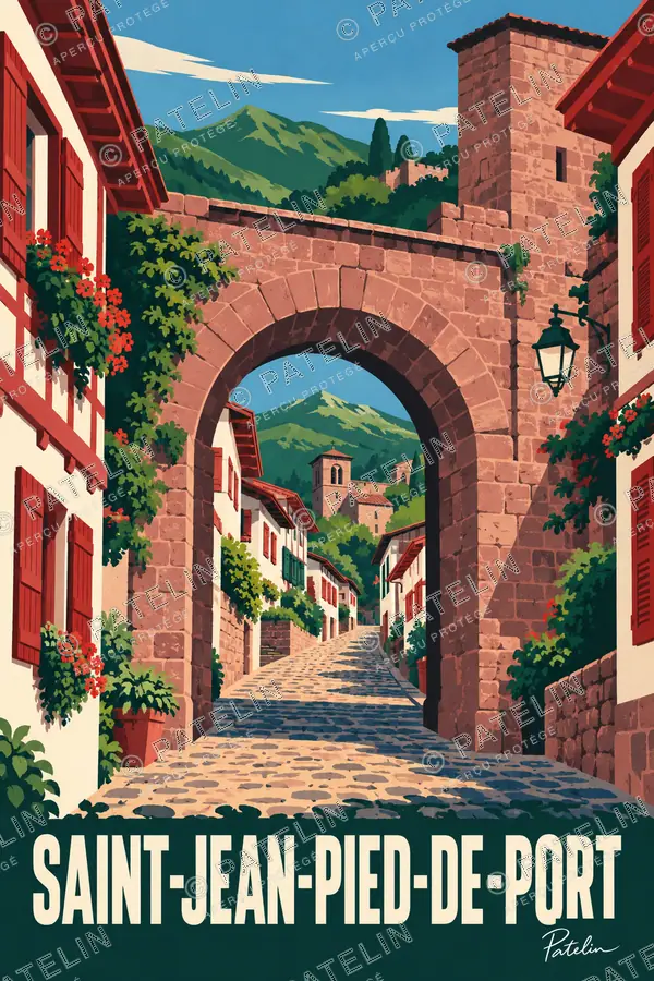 Illustration Saint-Jean-Pied-de-Port — La porte et la ruelle, style Pop