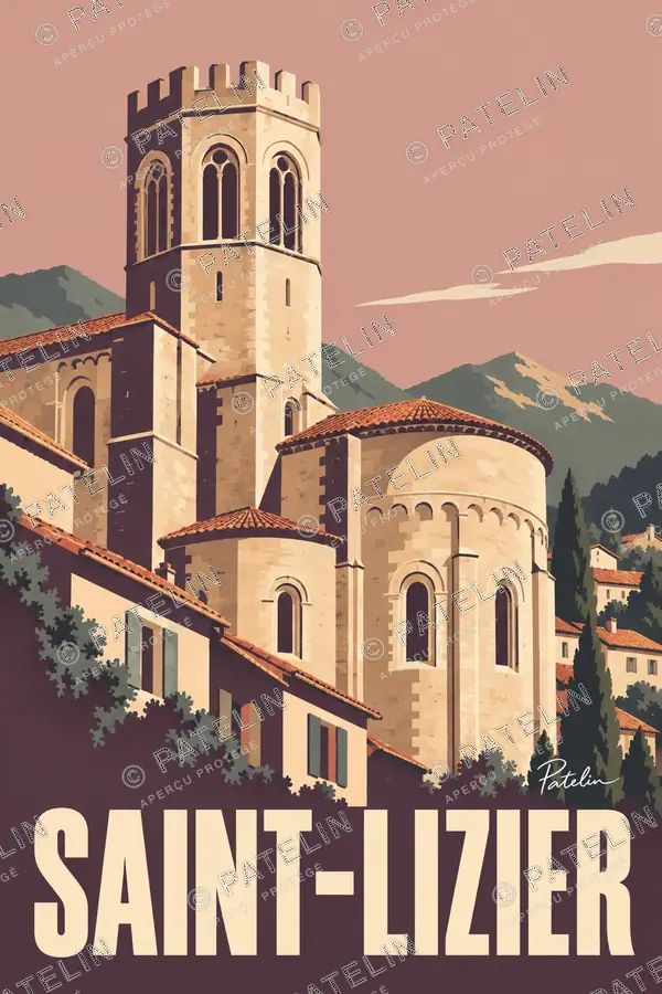 Illustration Saint-Lizier — La cathédrale et ses toits de tuiles, style Minimal