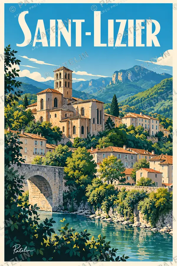 Illustration Saint-Lizier — La cathédrale au-dessus de la rivière, style Pop