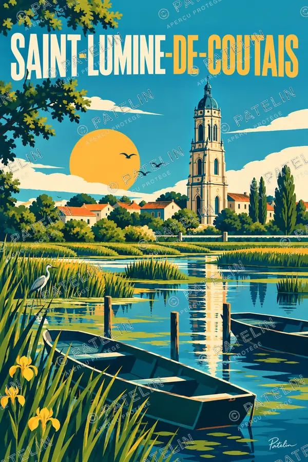 Illustration Saint-Lumine-de-Coutais — Le clocher et le lac, style Pop