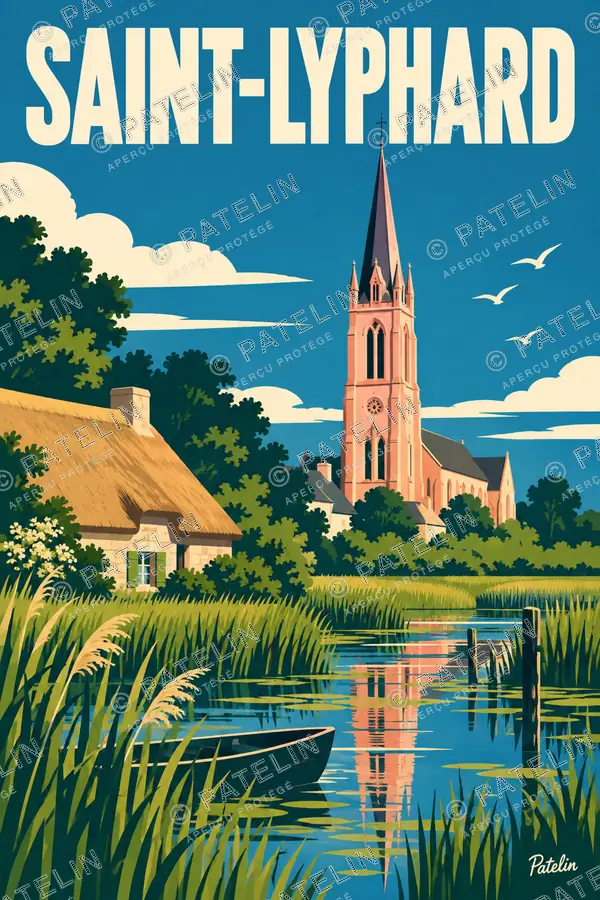 Illustration Saint-Lyphard — Les chaumières et le clocher, style Pop