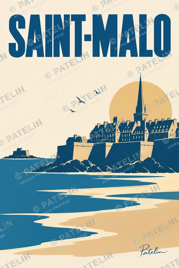 Illustration Saint-Malo — Les remparts à marée basse, style Minimal