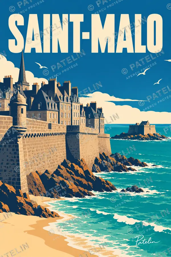 Illustration Saint-Malo — Les remparts et les vagues, style Pop