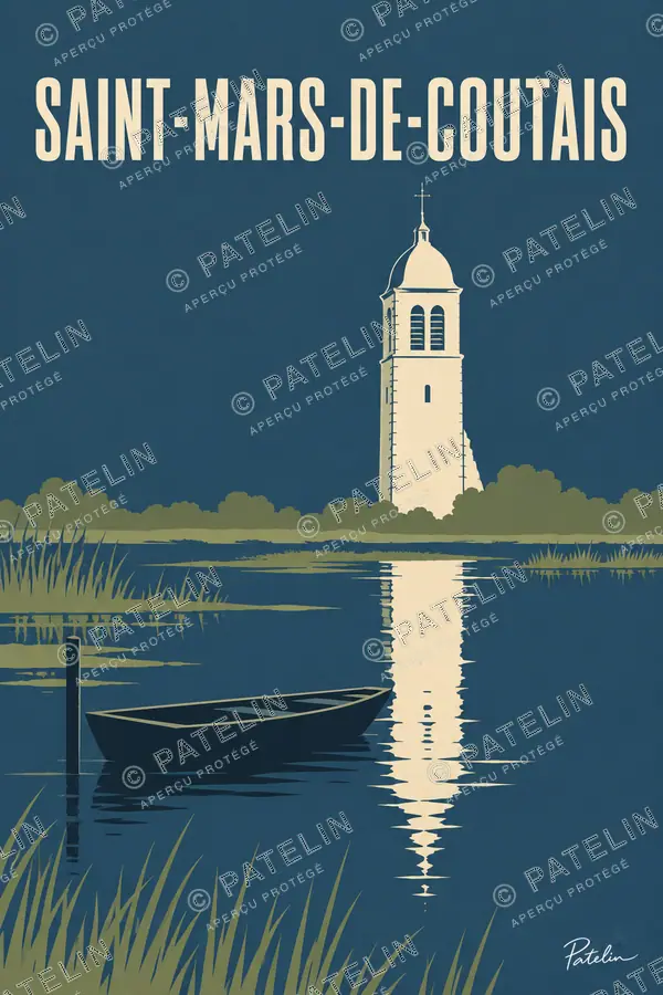 Illustration Saint-Mars-de-Coutais — Le clocher au bord du lac, style Minimal