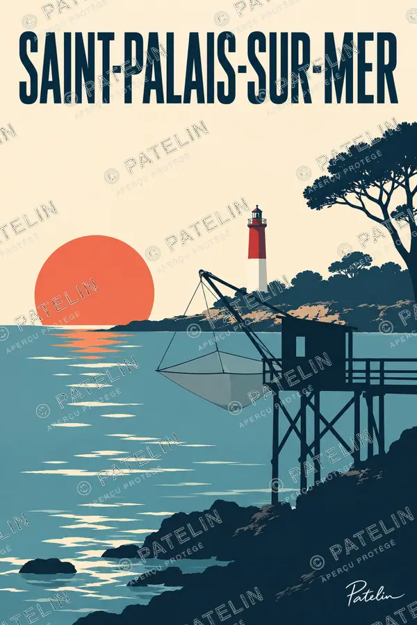 Illustration Saint-Palais-sur-Mer — Le phare et le carrelet, style Minimal