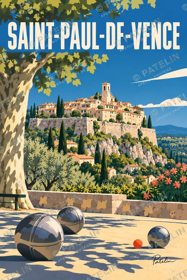 Illustration Saint-Paul-de-Vence — Le village et les boules de pétanque, style Pop