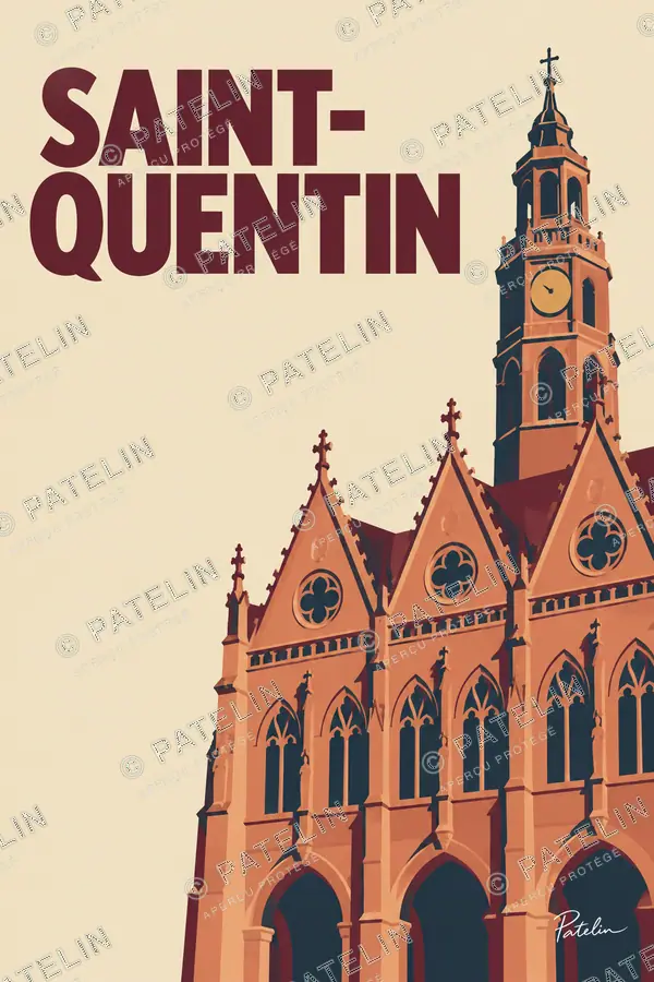 Illustration Saint-Quentin — La façade et le beffroi de l’hôtel de ville, style Minimal
