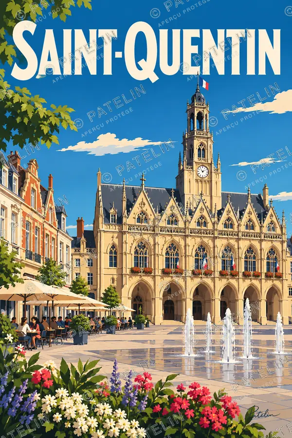 Illustration Saint-Quentin — La place et l’hôtel de ville, style Pop