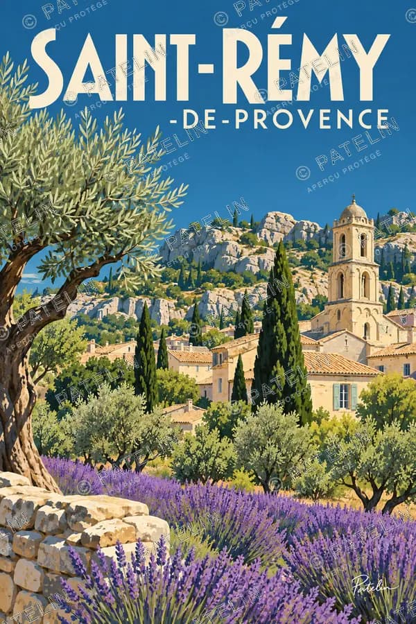 Illustration Saint-Rémy-de-Provence — Le clocher face aux Alpilles, style Pop