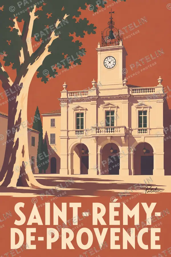 Illustration Saint-Rémy-de-Provence — L’horloge au-dessus de la place, style Minimal