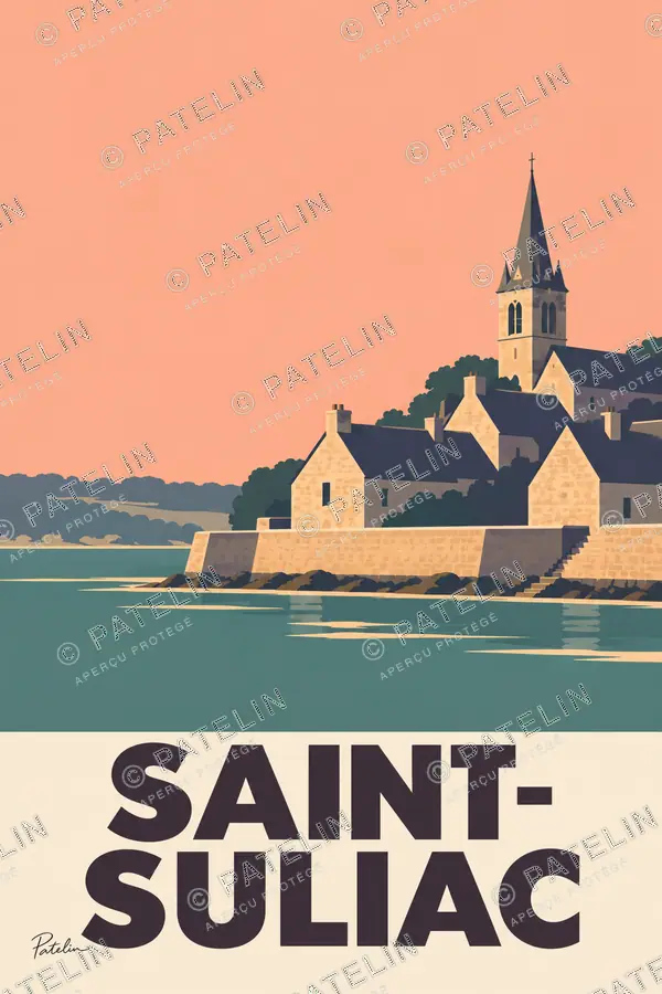 Illustration Saint-Suliac — Le clocher et la Rance, style Minimal