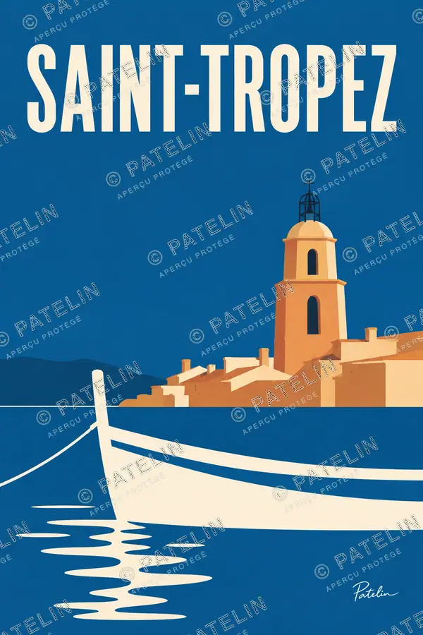 Illustration Saint-Tropez — Le bateau et le clocher, style Minimal